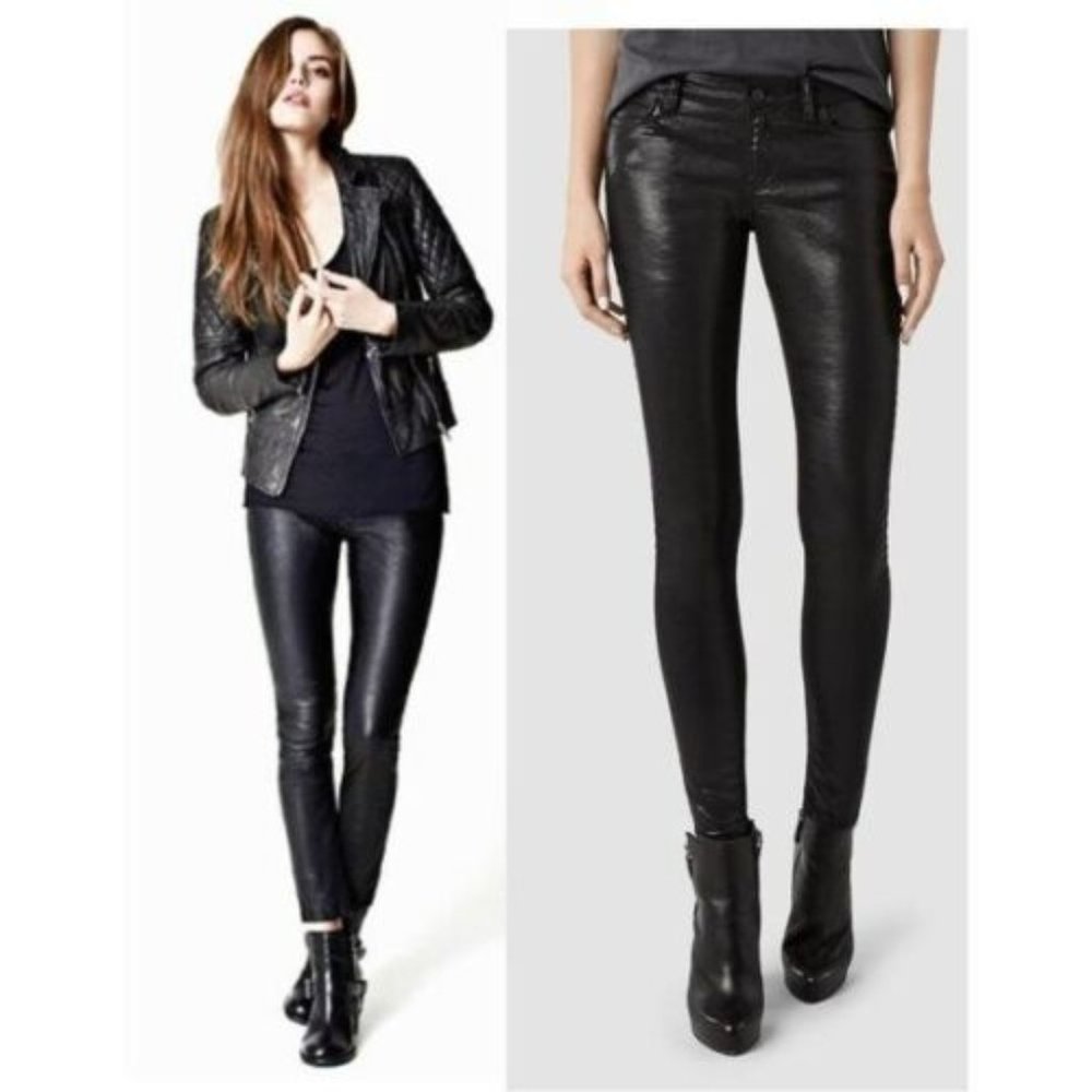 AllSaints Black Petrel Brodie Wax Coated Skinny Jeans 25